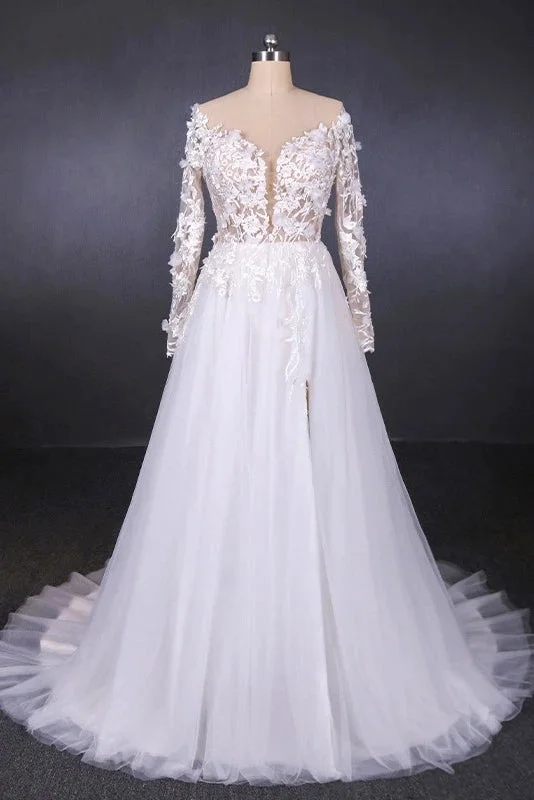 White A Line Tulle Long Sleeves Wedding Gown Bridal Dresses with Lace Appliques N2308