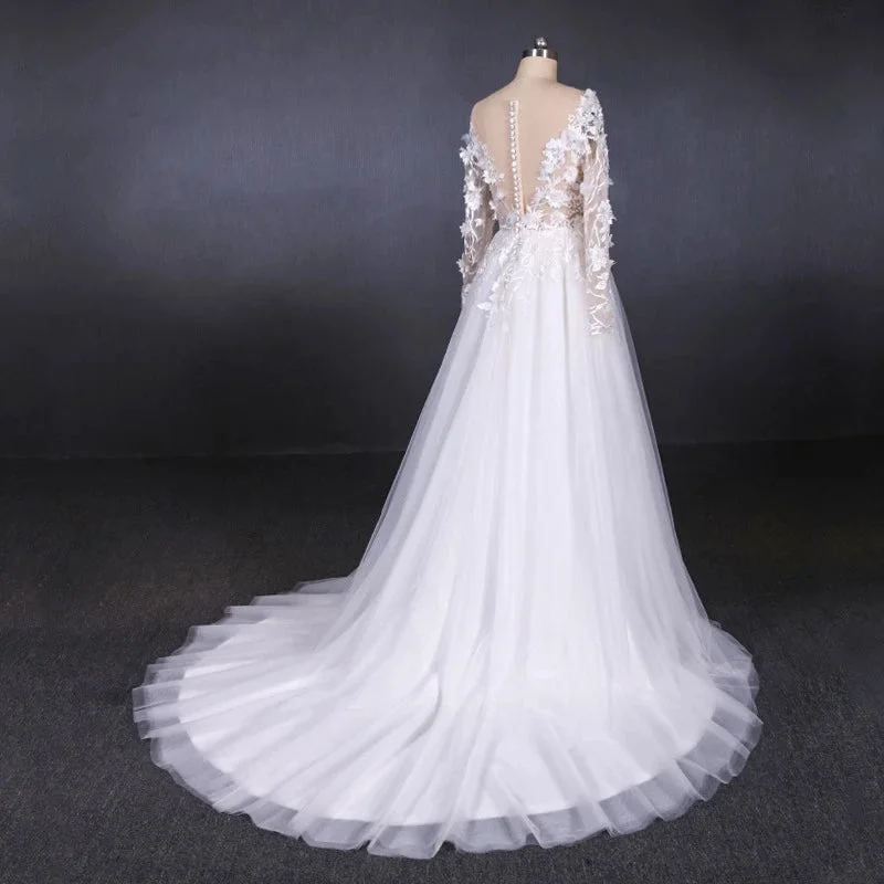 White A Line Tulle Long Sleeves Wedding Gown Bridal Dresses with Lace Appliques N2308