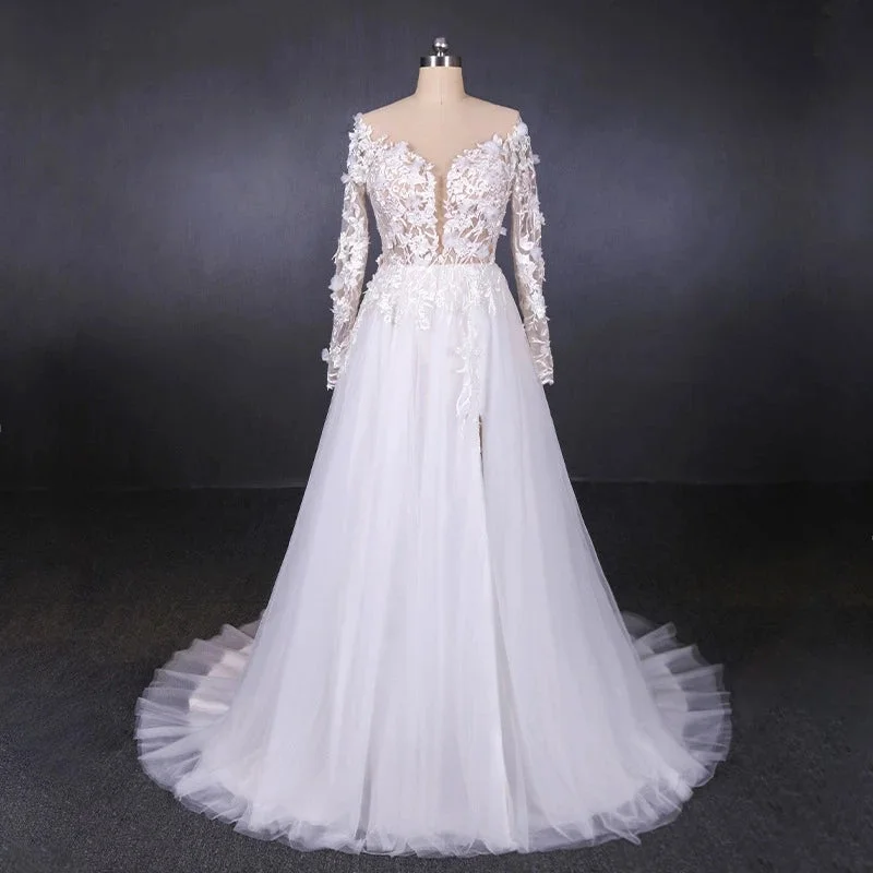 White A Line Tulle Long Sleeves Wedding Gown Bridal Dresses with Lace Appliques N2308