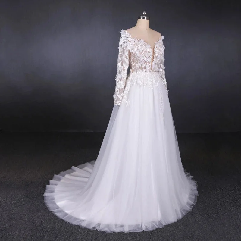 White A Line Tulle Long Sleeves Wedding Gown Bridal Dresses with Lace Appliques N2308