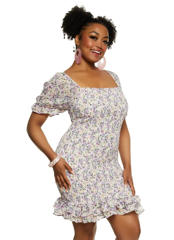 Plus Size Haute Monde Floral Print Smocked Mini Dress