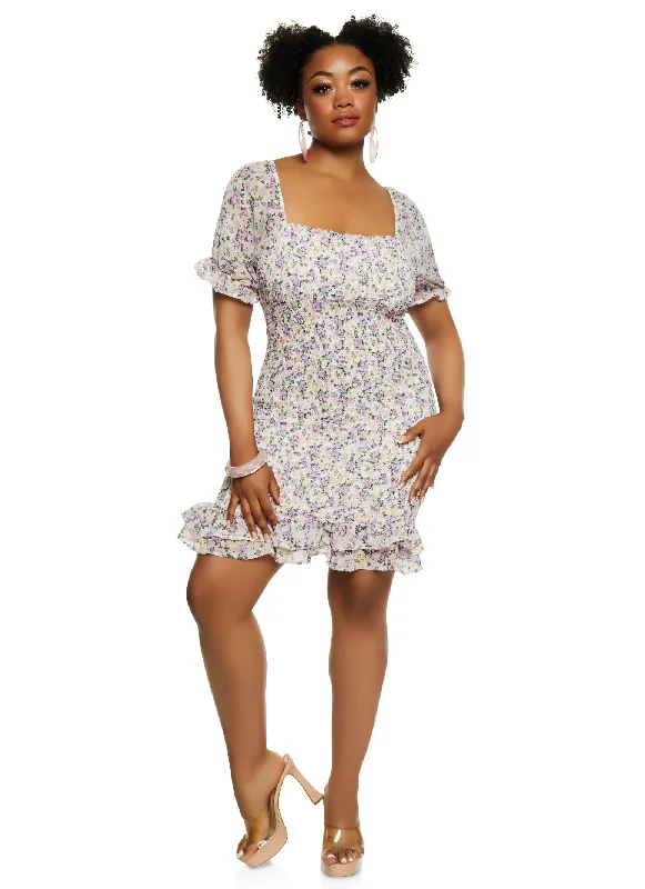 Plus Size Haute Monde Floral Print Smocked Mini Dress