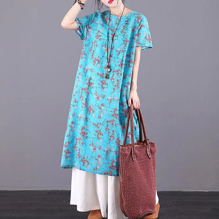 Women blue print linen dress Button Down o neck Traveling summer Dress