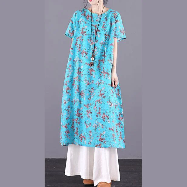 Women blue print linen dress Button Down o neck Traveling summer Dress