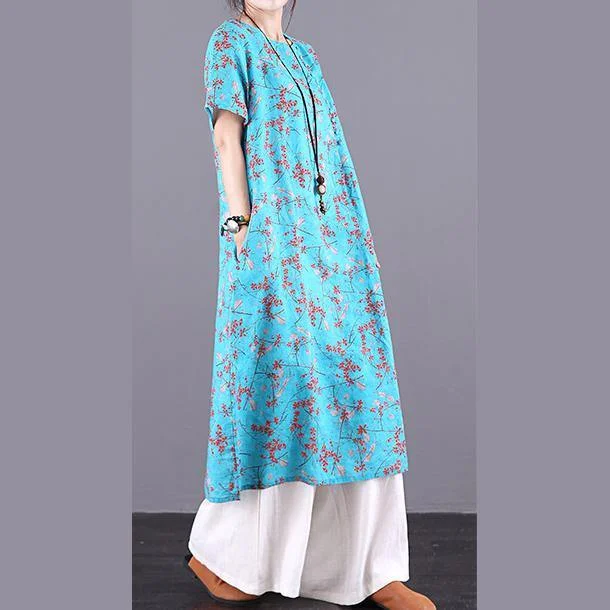 Women blue print linen dress Button Down o neck Traveling summer Dress