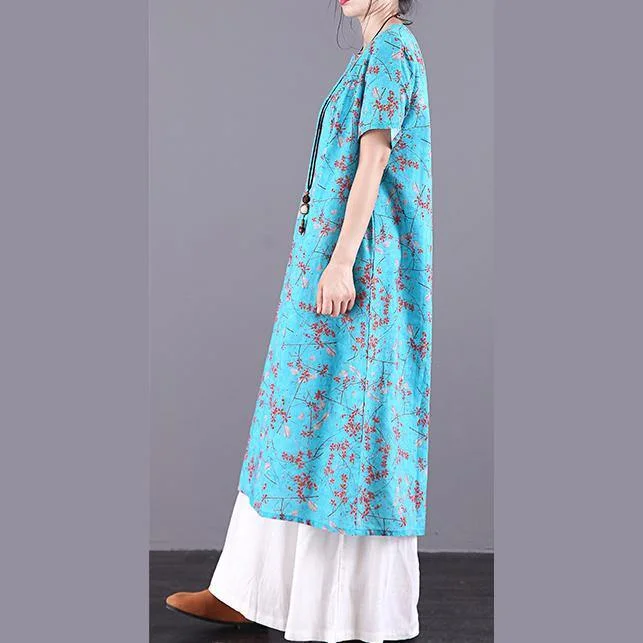 Women blue print linen dress Button Down o neck Traveling summer Dress