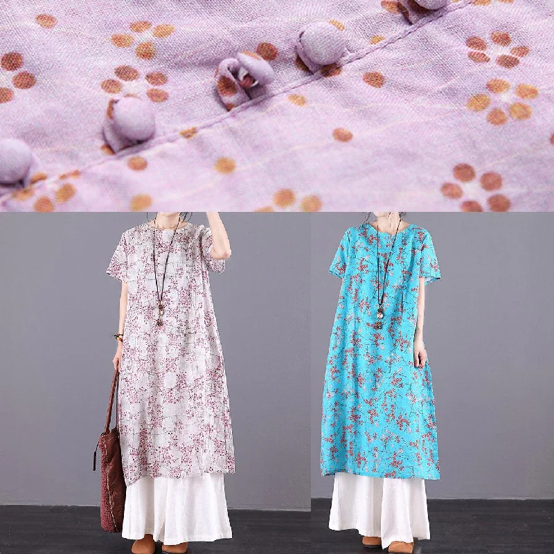 Women blue print linen dress Button Down o neck Traveling summer Dress