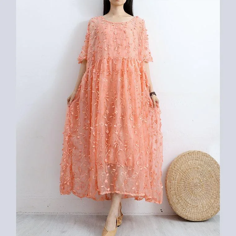 Women floral lace cotton tunic top Outfits orange Art Dresses summer