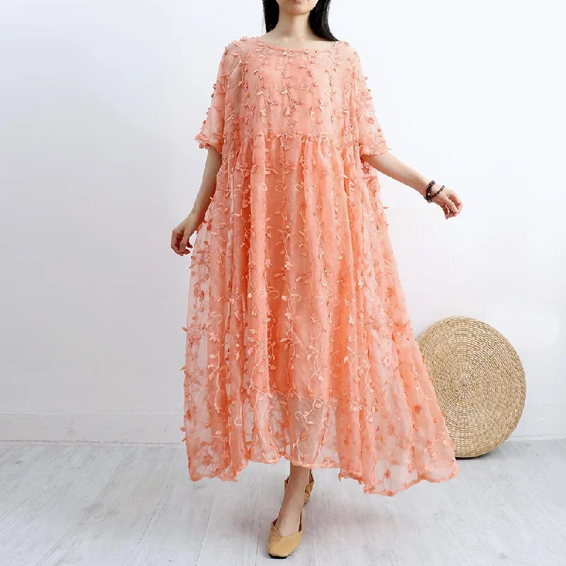 Women floral lace cotton tunic top Outfits orange Art Dresses summer