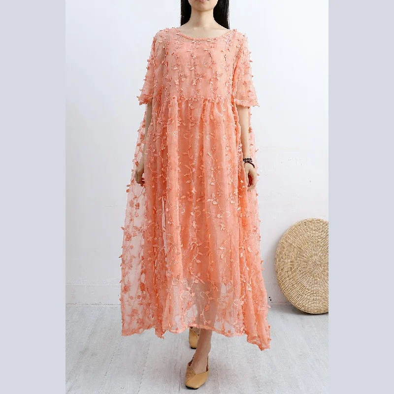 Women floral lace cotton tunic top Outfits orange Art Dresses summer