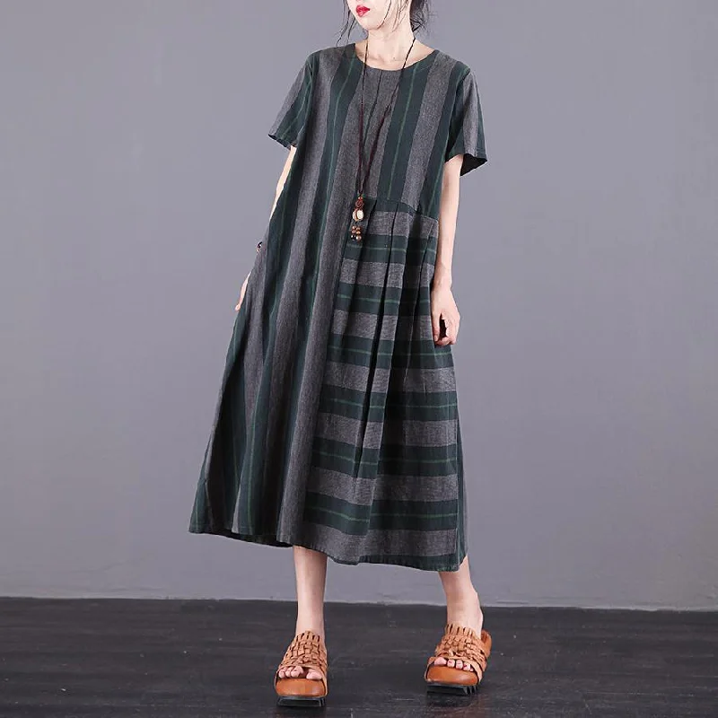 Women Green Plaid Cotton Dress O-Neck Patchwork Pockets Summer Dress