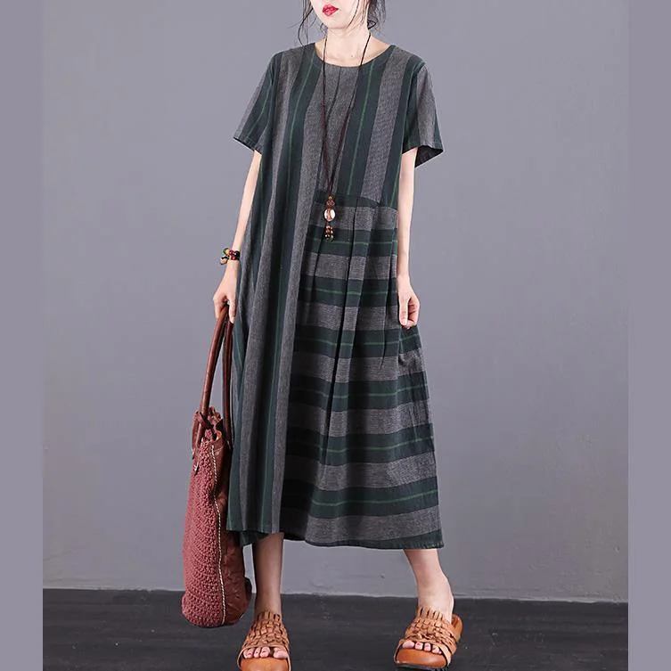 Women Green Plaid Cotton Dress O-Neck Patchwork Pockets Summer Dress