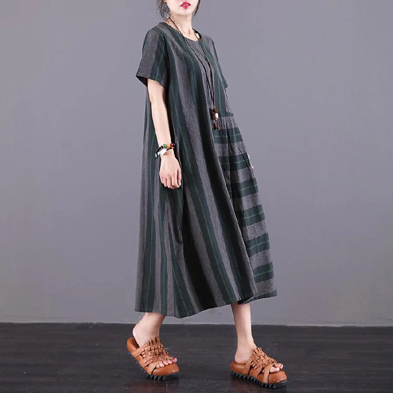 Women Green Plaid Cotton Dress O-Neck Patchwork Pockets Summer Dress