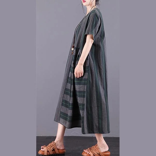 Women Green Plaid Cotton Dress O-Neck Patchwork Pockets Summer Dress