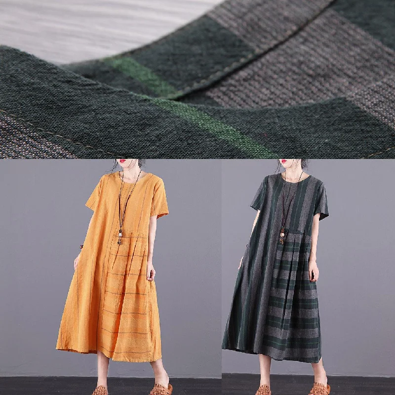 Women Green Plaid Cotton Dress O-Neck Patchwork Pockets Summer Dress