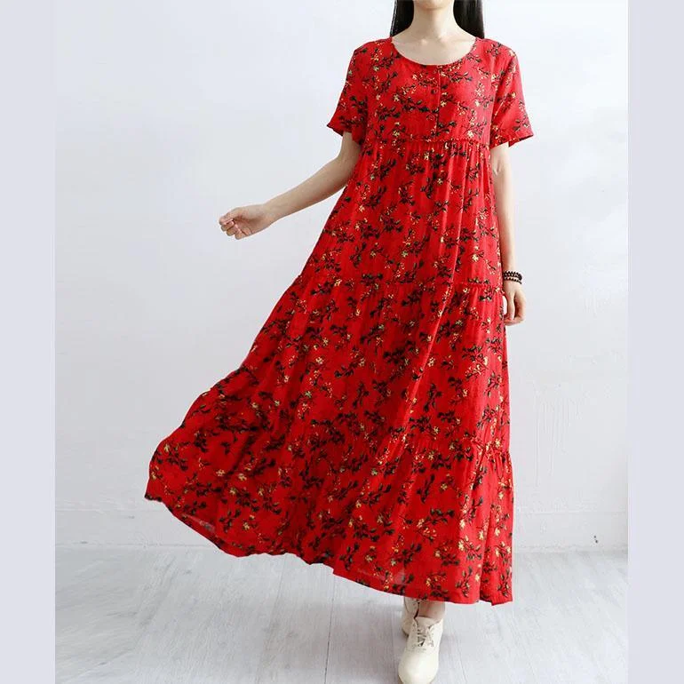 Women High Waist Cotton Tunics Tutorials Red Short Sleeve Prints Robe Dress Summer