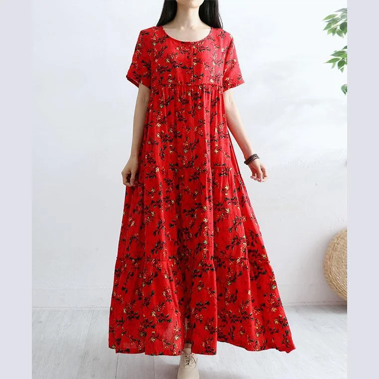 Women High Waist Cotton Tunics Tutorials Red Short Sleeve Prints Robe Dress Summer