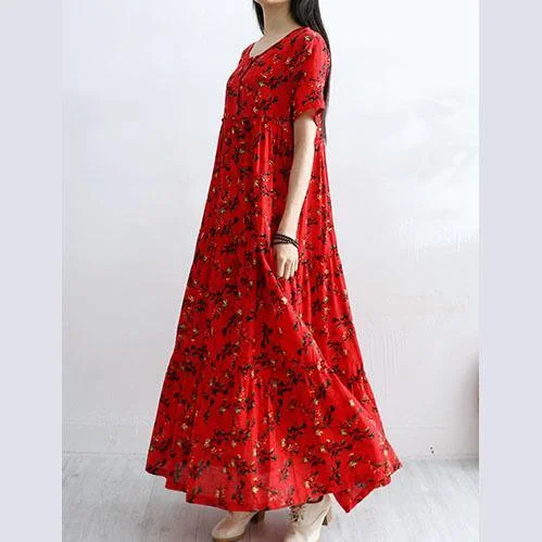 Women High Waist Cotton Tunics Tutorials Red Short Sleeve Prints Robe Dress Summer