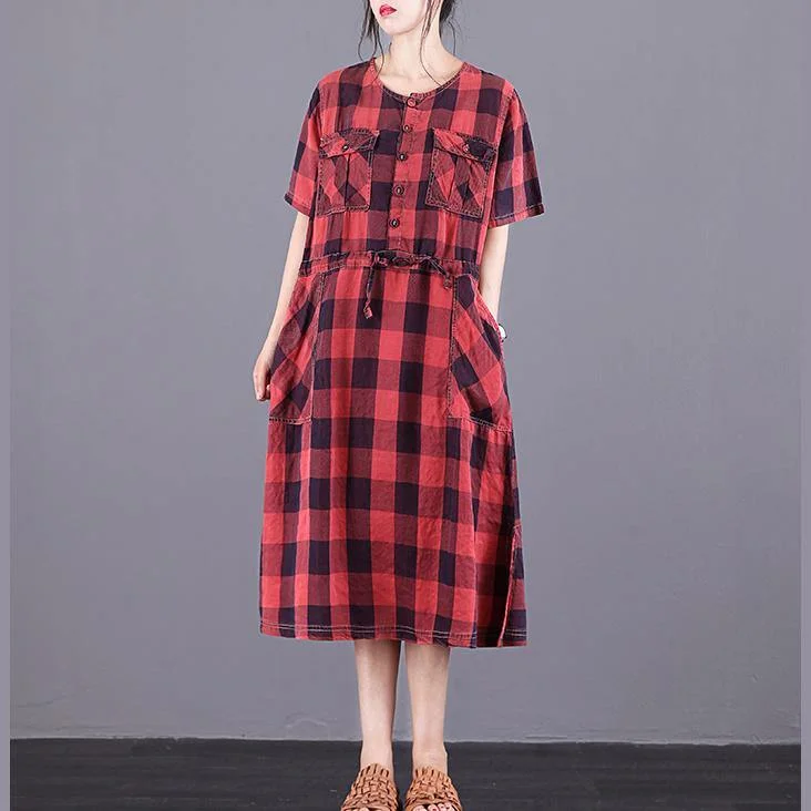 Women O-Neck Drawstring Robes Red Plaid Dresses Summer ( Limited Stock)