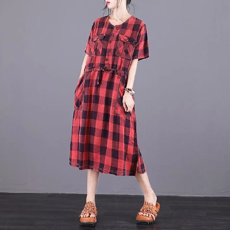 Women O-Neck Drawstring Robes Red Plaid Dresses Summer ( Limited Stock)