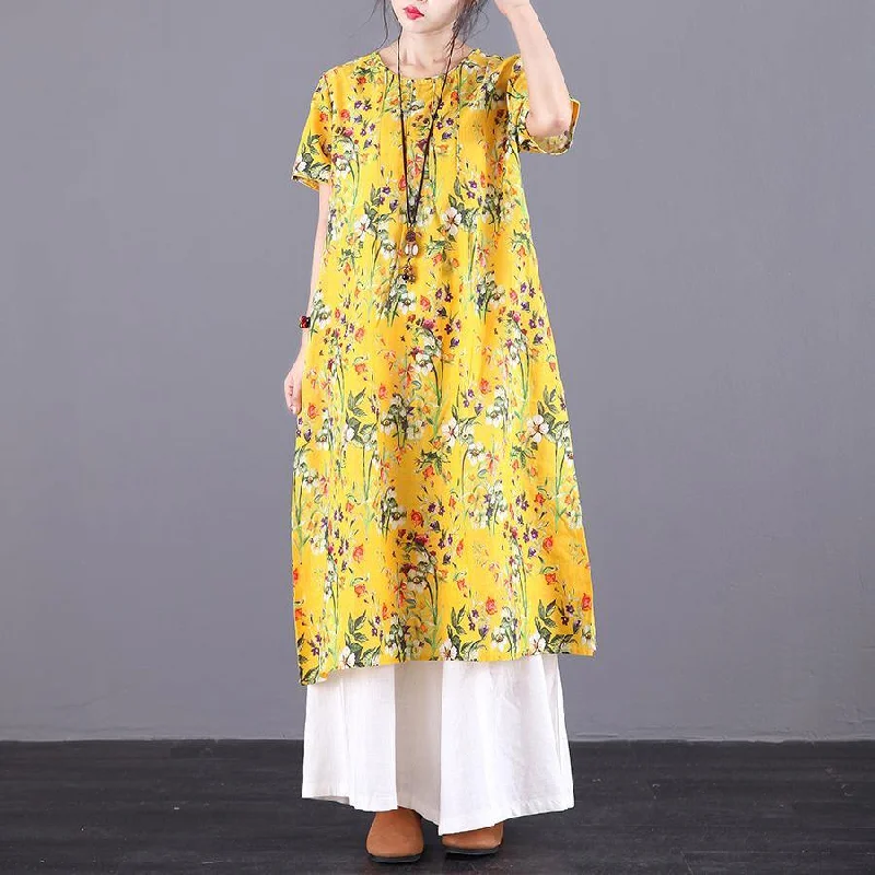 Women o neck pockets linen dress Runway yellow print Dresses summer