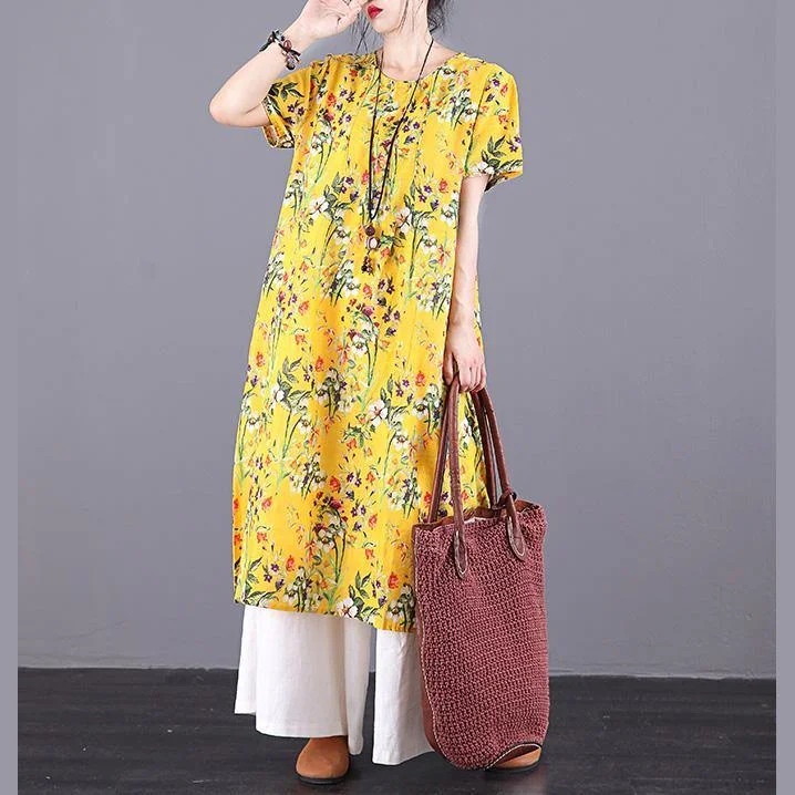 Women o neck pockets linen dress Runway yellow print Dresses summer