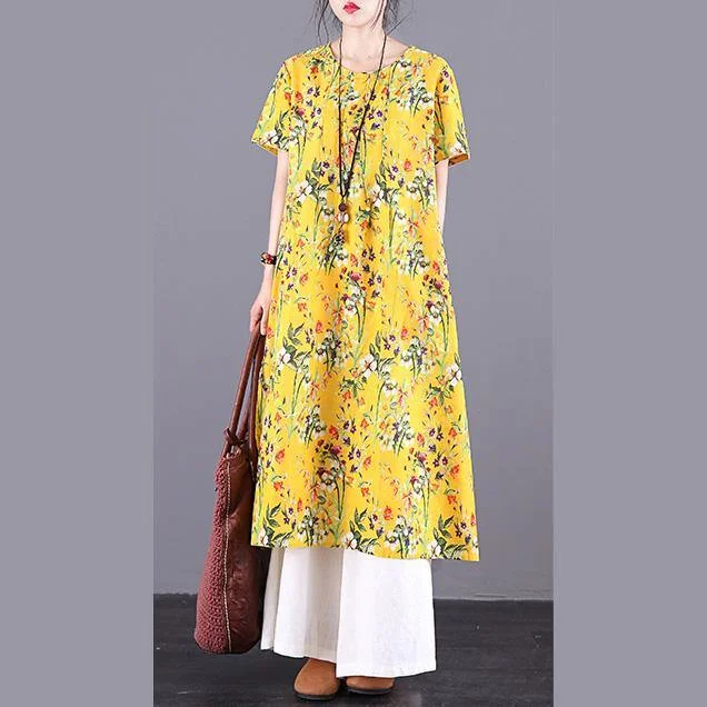 Women o neck pockets linen dress Runway yellow print Dresses summer