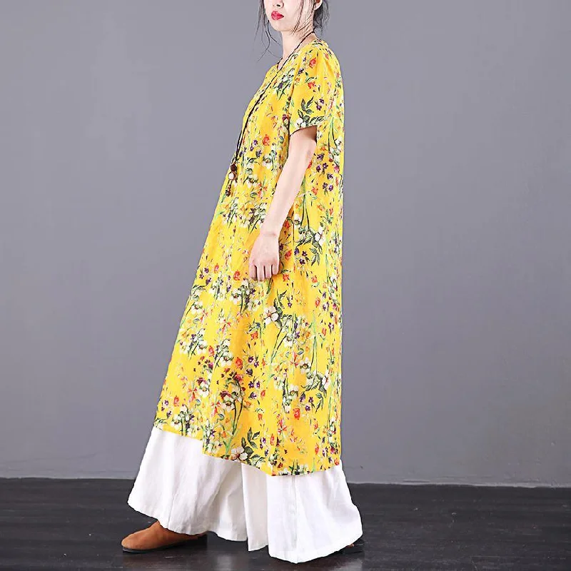 Women o neck pockets linen dress Runway yellow print Dresses summer