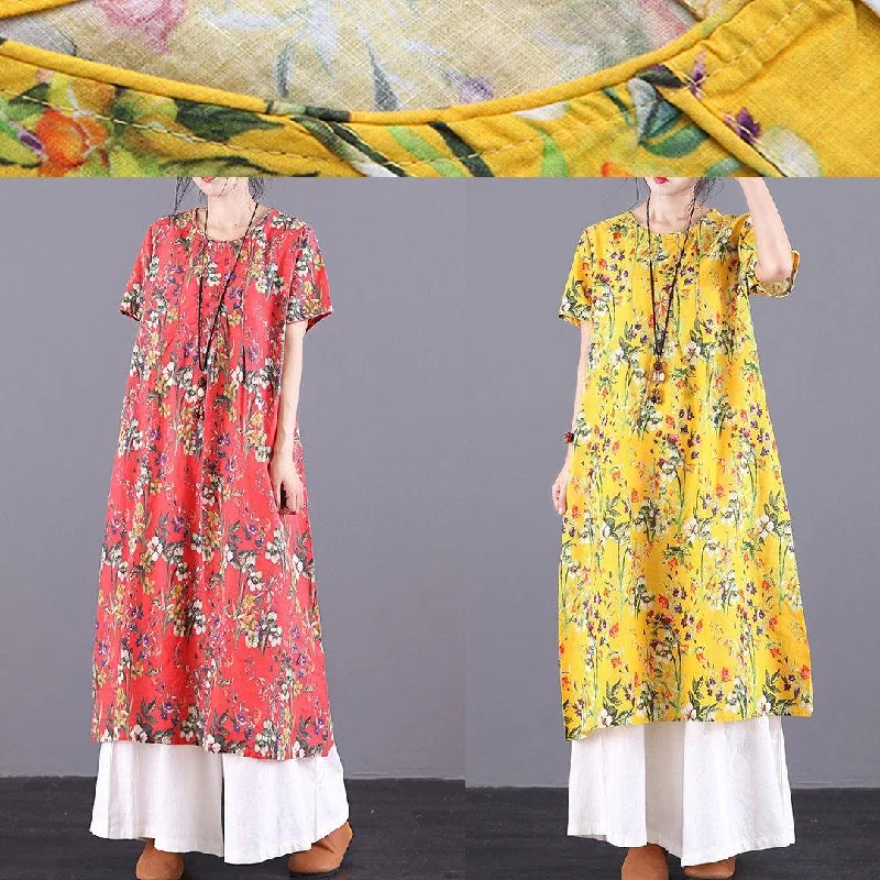 Women o neck pockets linen dress Runway yellow print Dresses summer