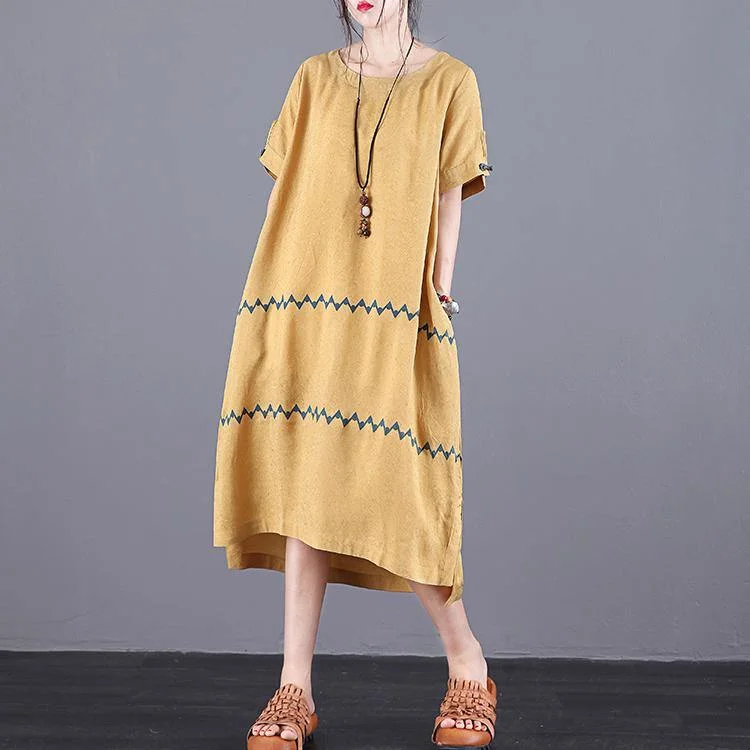 Women Yellow Quilting Clothes O Neck Pockets Plus Size Summer Dress ( Limited Stock)