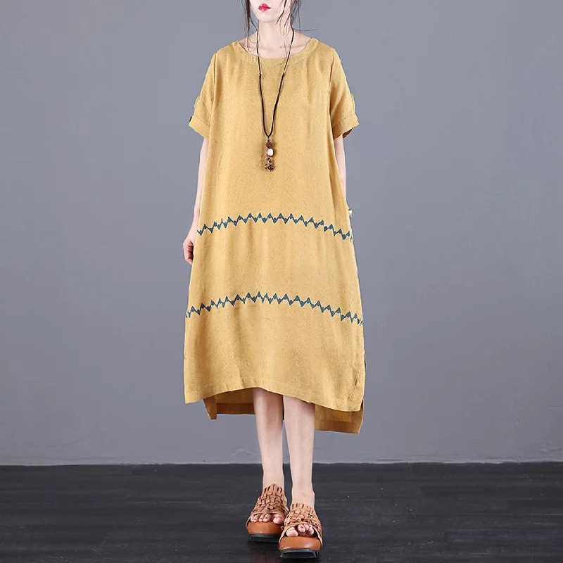 Women Yellow Quilting Clothes O Neck Pockets Plus Size Summer Dress ( Limited Stock)