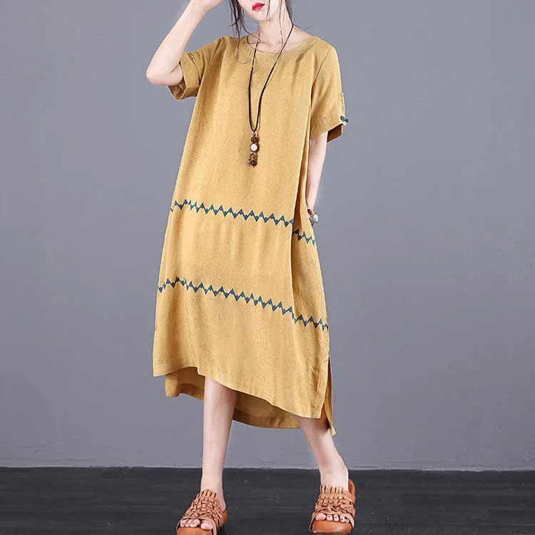 Women Yellow Quilting Clothes O Neck Pockets Plus Size Summer Dress ( Limited Stock)