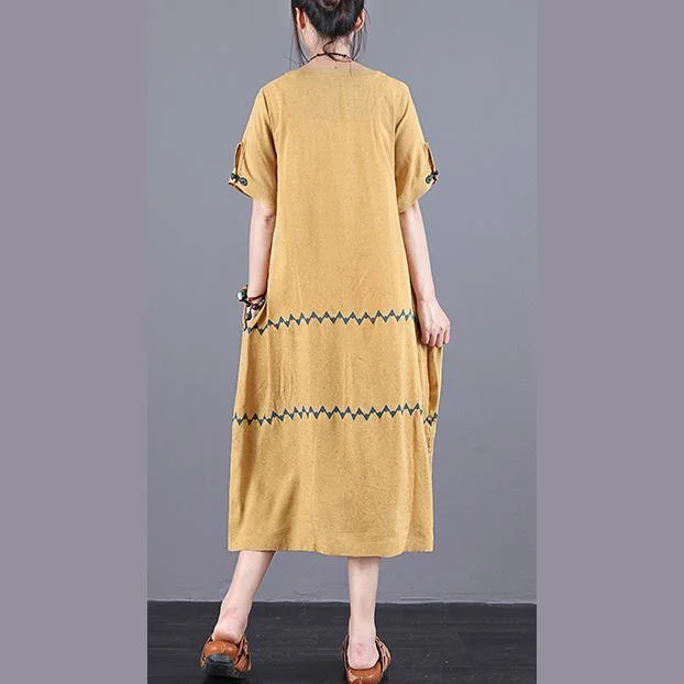 Women Yellow Quilting Clothes O Neck Pockets Plus Size Summer Dress ( Limited Stock)