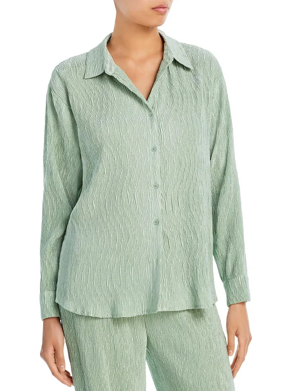 Womens Crinkled Collared Button-Down Top