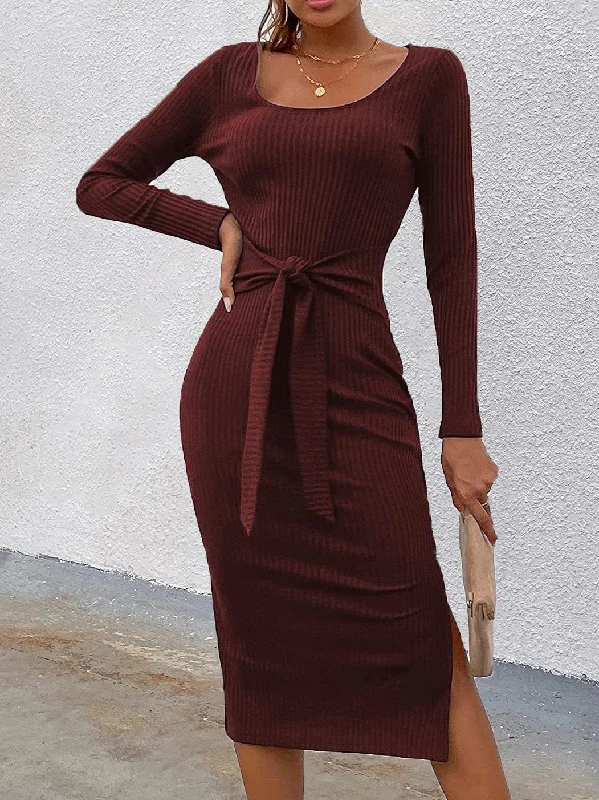 Women's Dresses Round Neck Long Sleeve Belted Slit Tight Dress