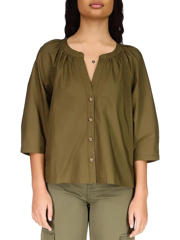 Womens Poplin Crinkled Button-Down Top