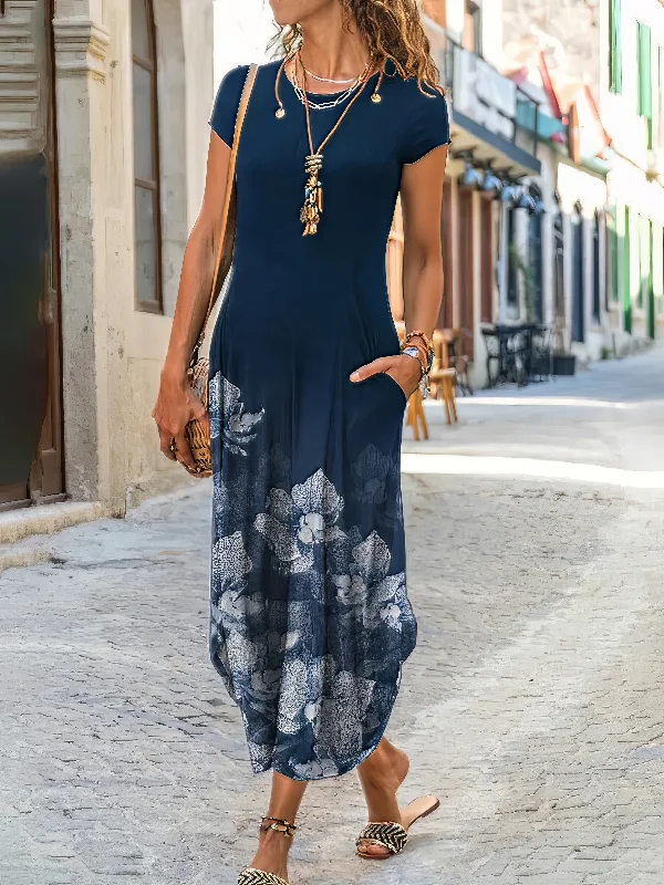 Shift Floral Pocket Print Crew Neck Casual Maxi Dress